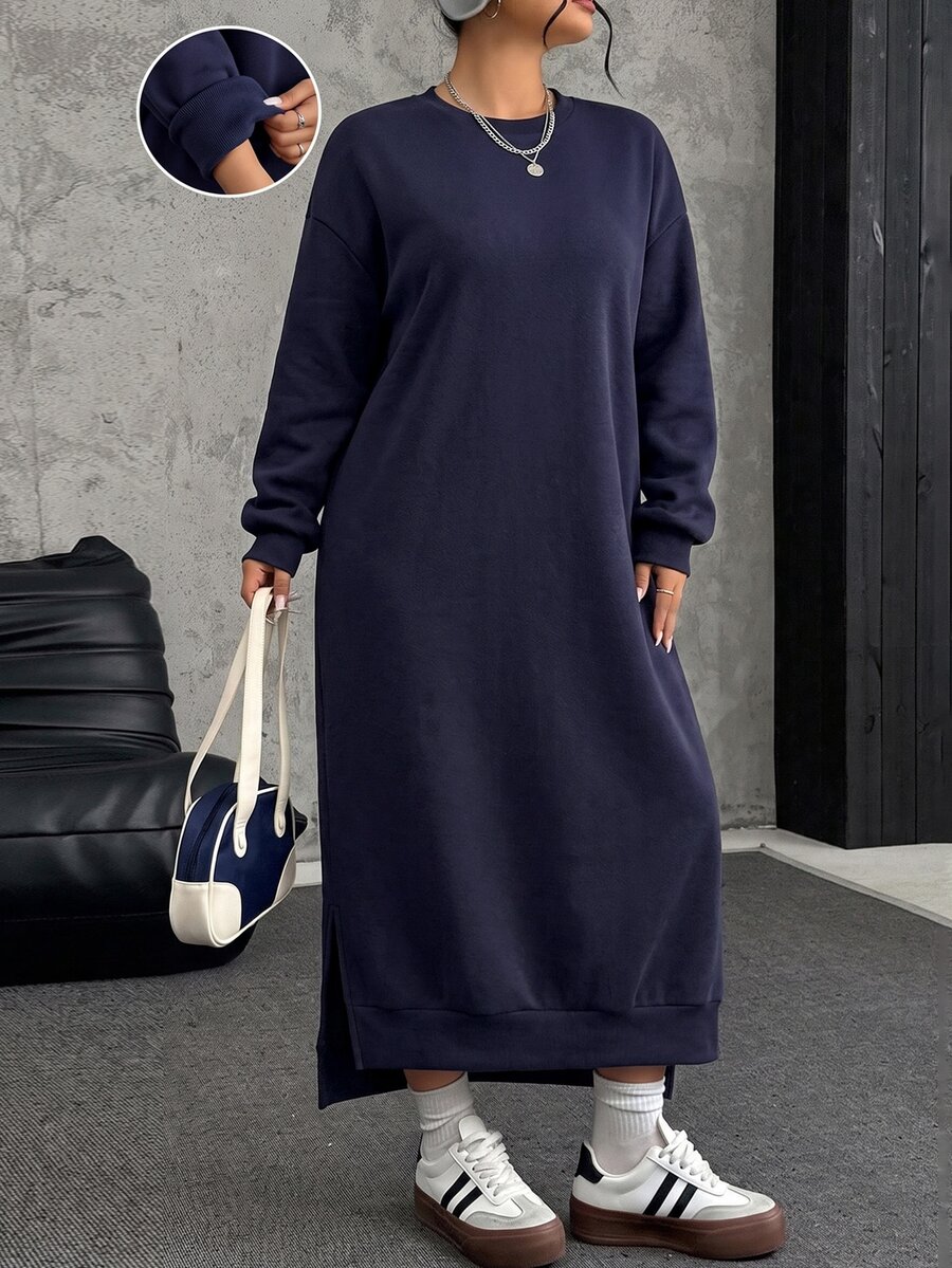 SHEIN EZwear فستان سويتشيرت طويل من الصوف الناعم فضفاض وكاجوال مقاس كبير، خريف/شتاء - أزرق بحري - مشاهدة 1