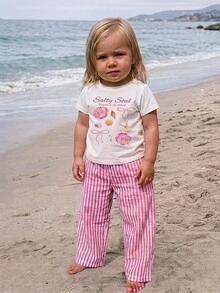 SHEIN Baby Girl Bow Shell Print T-Shirt And Striped Pants Set - Multicolor - View 5