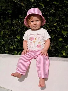 SHEIN Baby Girl Bow Shell Print T-Shirt And Striped Pants Set - Multicolor - View 4