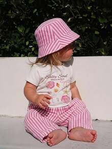 SHEIN Baby Girl Bow Shell Print T-Shirt And Striped Pants Set - Multicolor - View 1