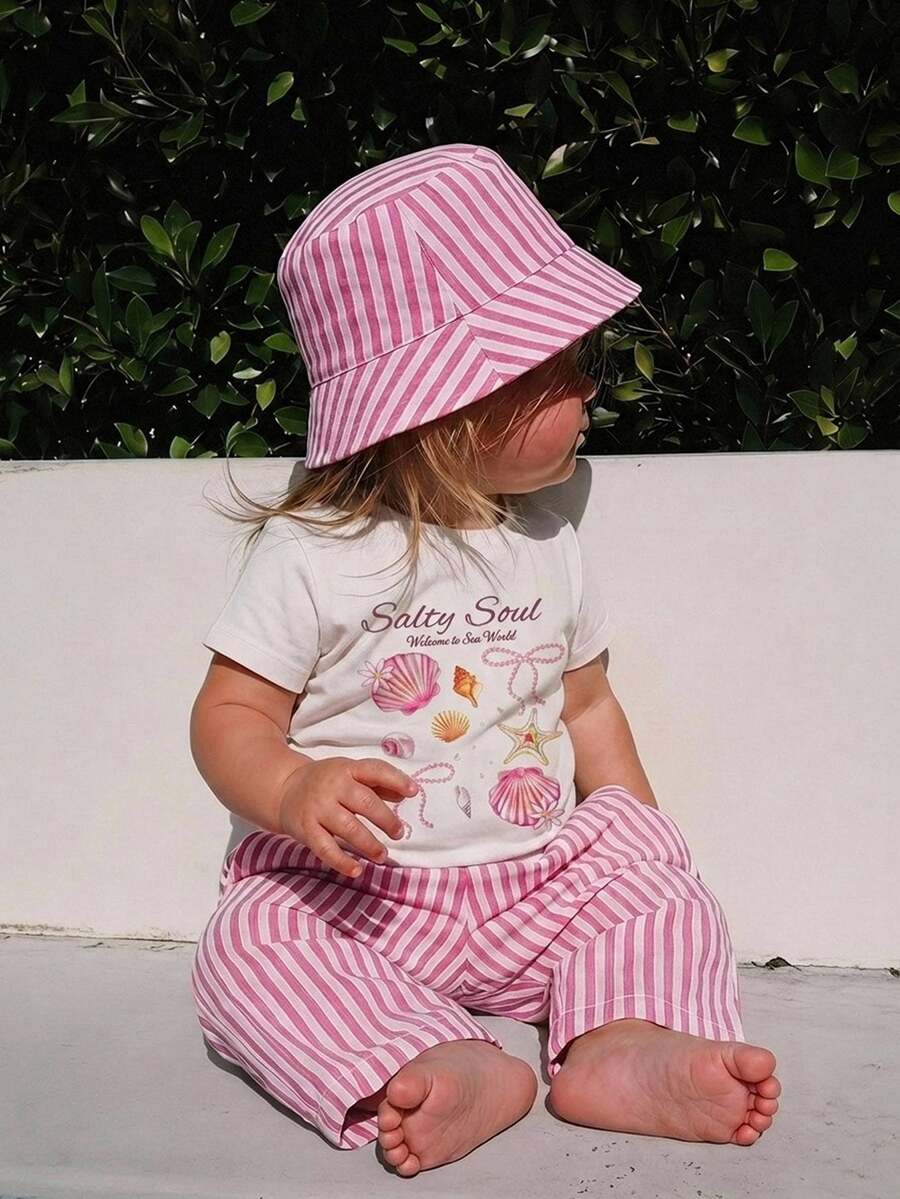 SHEIN Baby Girl Bow Shell Print T-Shirt And Striped Pants Set - Multicolor - View 1