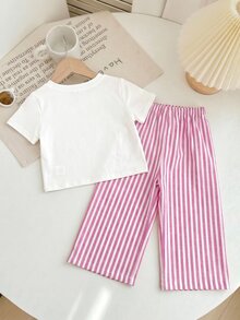 SHEIN Baby Girl Bow Shell Print T-Shirt And Striped Pants Set - Multicolor - View 2