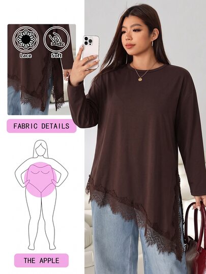 Solflare Women's Plus Size Solid Color Lace Patchwork Round Neck Long Sleeve Asymmetrical Hem T-Shirt Fall Brunch Party Elegant