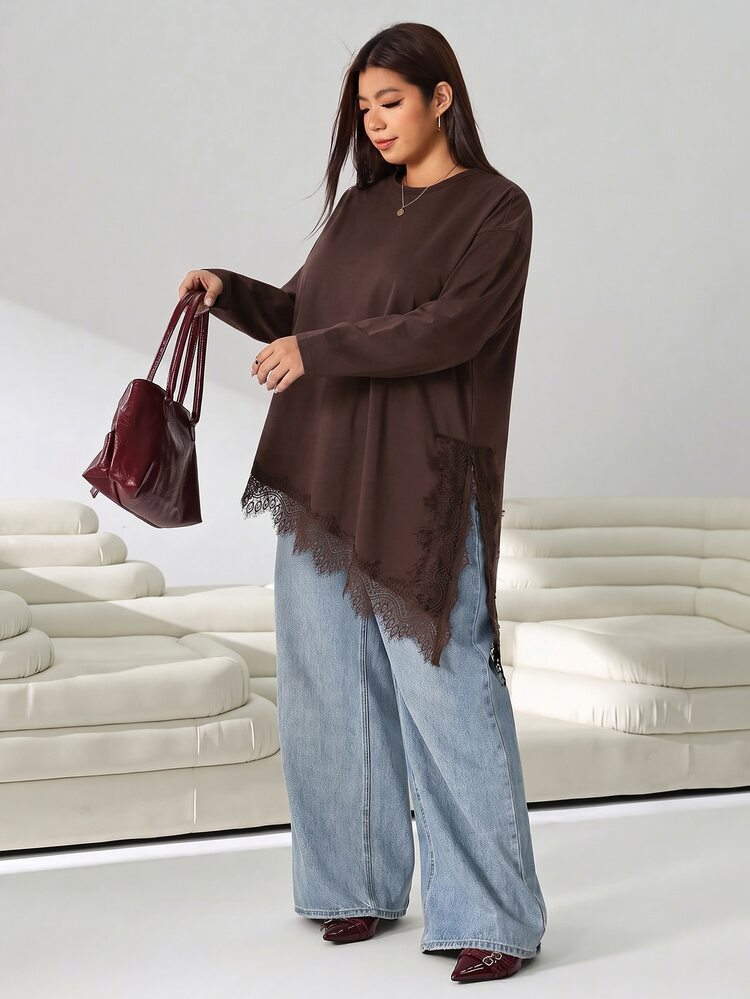 Solflare Women's Plus Size Solid Color Lace Patchwork Round Neck Long Sleeve Asymmetrical Hem T-Shirt Fall - Chocolate Brown - View 6