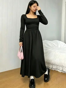 SHEIN 簡約優雅黑色方領長袖洋裝，適合青少年女孩，時尚洗鍊，適合晚餐聚會或社交場合 - 黑色 - 查看 6