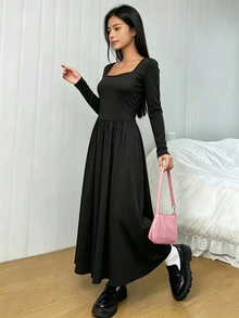 SHEIN 簡約優雅黑色方領長袖洋裝，適合青少年女孩，時尚洗鍊，適合晚餐聚會或社交場合 - 黑色 - 查看 5