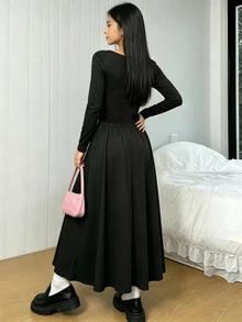 SHEIN 簡約優雅黑色方領長袖洋裝，適合青少年女孩，時尚洗鍊，適合晚餐聚會或社交場合 - 黑色 - 查看 2