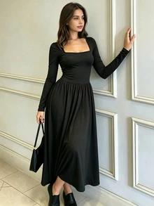 SHEIN 簡約優雅黑色方領長袖洋裝，適合青少年女孩，時尚洗鍊，適合晚餐聚會或社交場合 - 黑色 - 查看 4