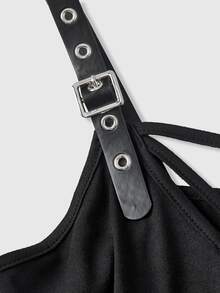 ROMWE Grunge Punk Sexy Punk Pentagram Lace-Up Front Chest Design Plus Size Dress - Black - View 5