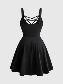 ROMWE Grunge Punk Sexy Punk Pentagram Lace-Up Front Chest Design Plus Size Dress - Black - View 2