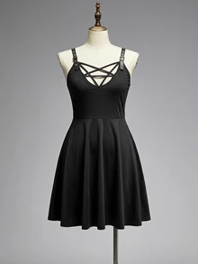 ROMWE Grunge Punk Sexy Punk Pentagram Lace-Up Front Chest Design Plus Size Dress - Black - View 1