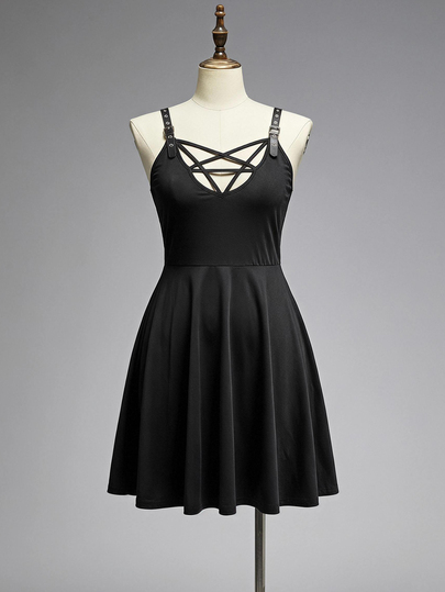 ROMWE Grunge Punk Sexy Punk Pentagram Lace-Up Front Chest Design Plus Size Dress