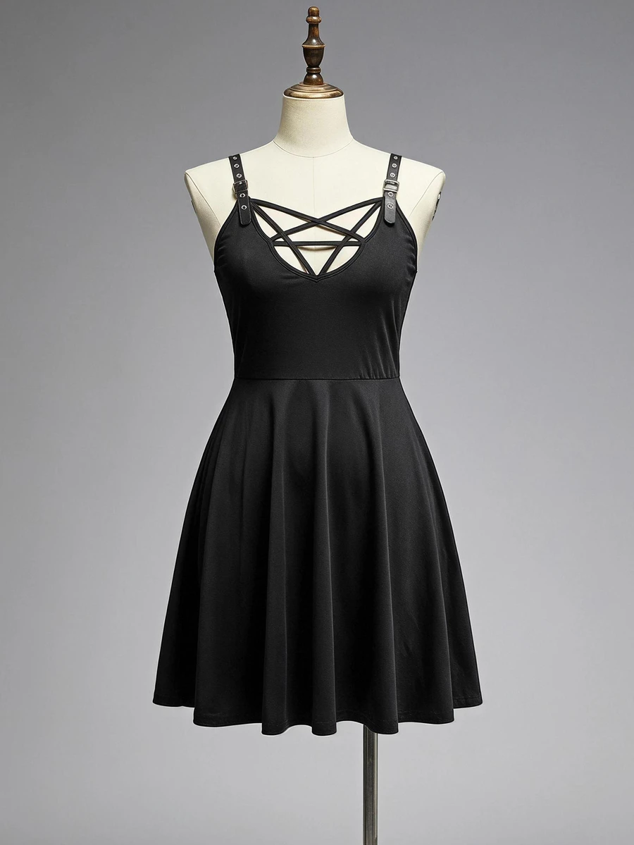 ROMWE Grunge Punk Sexy Punk Pentagram Lace-Up Front Chest Design Plus Size Dress - Black - View 1