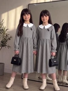 SHEIN Tween女孩秋冬學院風拼色領口長袖格紋洋裝－黑白配色，修身剪裁，結合拼色拼接、精緻復古小Logo刺繡、百褶設計與蓬鬆大裙擺（公主裙） - 黑與白 - 查看 7