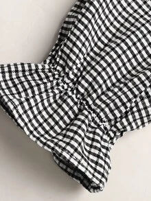 SHEIN Tween女孩秋冬學院風拼色領口長袖格紋洋裝－黑白配色，修身剪裁，結合拼色拼接、精緻復古小Logo刺繡、百褶設計與蓬鬆大裙擺（公主裙） - 黑與白 - 查看 5