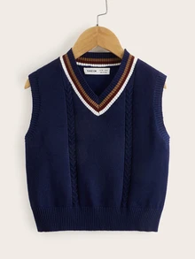 PrepCrw Young Boy Striped Trim V-Neck Sweater Vest,In Fall/Winter - Navy Blue - View 3