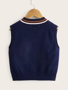 PrepCrw Young Boy Striped Trim V-Neck Sweater Vest,In Fall/Winter - Navy Blue - View 4