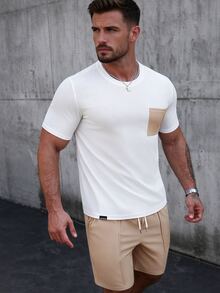 Manfinity Homme Men's Contrast Color Pocket Round Neck Short Sleeve T-Shirt And Drawstring Waist Shorts Casual Suit - Multicolor - View 1