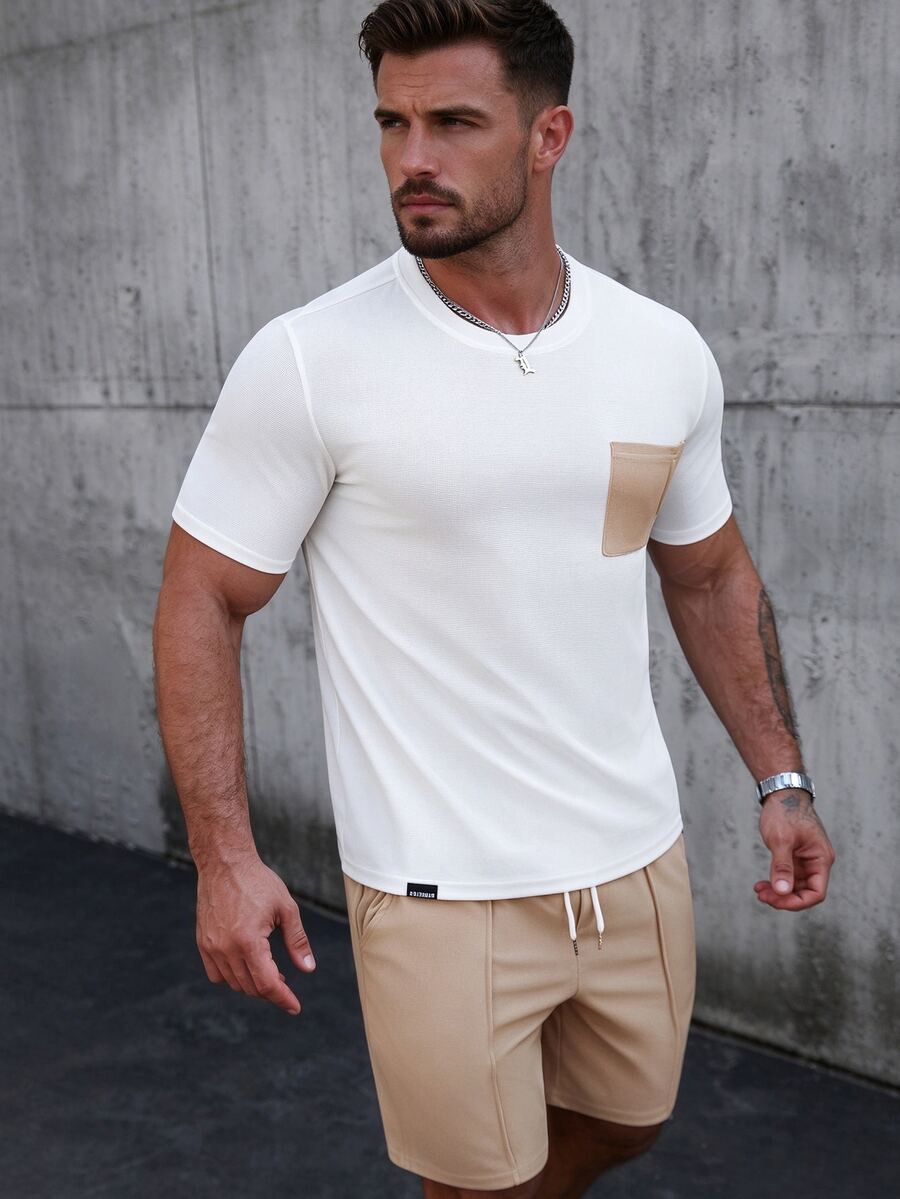 Manfinity Homme Men's Contrast Color Pocket Round Neck Short Sleeve T-Shirt And Drawstring Waist Shorts Casual Suit - Multicolor - View 1