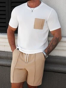 Manfinity Homme Men's Contrast Color Pocket Round Neck Short Sleeve T-Shirt And Drawstring Waist Shorts Casual Suit - Multicolor - View 4