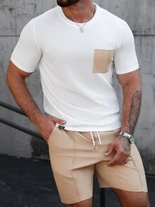 Manfinity Homme Men's Contrast Color Pocket Round Neck Short Sleeve T-Shirt And Drawstring Waist Shorts Casual Suit - Multicolor - View 3