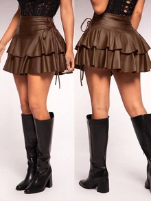 Radiana Women's Brown Plain Mini Skirt With Tiered Layers And Drawstring Detail For Party - Brown - View 1