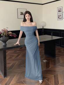 Modelyn Women's Illusion Off Shoulder Ruched Waist Dress, Elegant For Weddings And Dates - Blue - View 8
