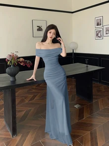 Modelyn Women's Illusion Off Shoulder Ruched Waist Dress, Elegant For Weddings And Dates - Blue - View 9