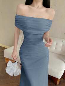 Modelyn Women's Illusion Off Shoulder Ruched Waist Dress, Elegant For Weddings And Dates - Blue - View 4