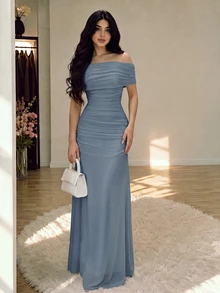 Modelyn Women's Illusion Off Shoulder Ruched Waist Dress, Elegant For Weddings And Dates - Blue - View 2