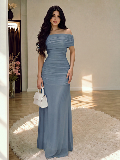 Modelyn Women's Illusion Off Shoulder Ruched Waist Dress, Elegant For Weddings And Dates
