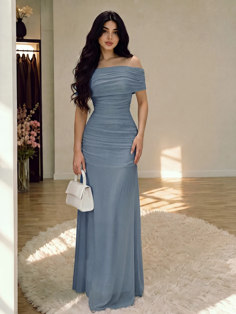 Modelyn Women's Illusion Off Shoulder Ruched Waist Dress, Elegant For Weddings And Dates