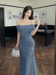 Modelyn Women's Illusion Off Shoulder Ruched Waist Dress, Elegant For Weddings And Dates - Blue - View 10