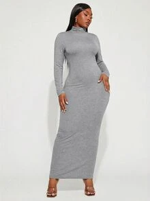 Radiana Women's Plus Size Grey Knitted High Neck Bodycon Long Sleeve Casual Spring Dress - Grey - View 2