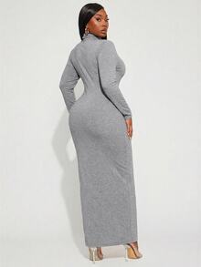 Radiana Women's Plus Size Grey Knitted High Neck Bodycon Long Sleeve Casual Spring Dress - Grey - View 3