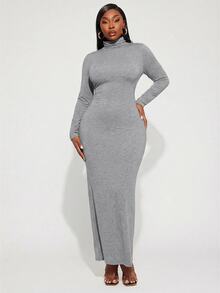 Radiana Women's Plus Size Grey Knitted High Neck Bodycon Long Sleeve Casual Spring Dress - Grey - View 4