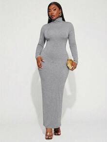 Radiana Women's Plus Size Grey Knitted High Neck Bodycon Long Sleeve Casual Spring Dress - Grey - View 1