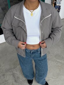 Muchica 大尺碼街頭時尚格紋鈕扣拉鍊長袖外套 秋季 - 黑與白 - 查看 4