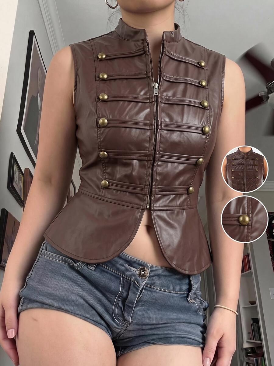 SHEIN EZwear Autumn/Winter Casual Coffee Brown Plus Size Women's Zipper Front PU Leather Vest Jacket - Coffee Brown - View 1