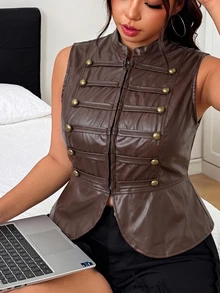SHEIN EZwear Autumn/Winter Casual Coffee Brown Plus Size Women's Zipper Front PU Leather Vest Jacket - Coffee Brown - View 5