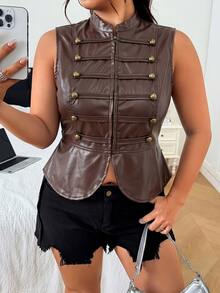 SHEIN EZwear Autumn/Winter Casual Coffee Brown Plus Size Women's Zipper Front PU Leather Vest Jacket - Coffee Brown - View 8