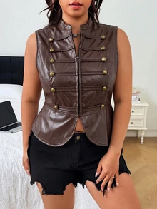 SHEIN EZwear Autumn/Winter Casual Coffee Brown Plus Size Women's Zipper Front PU Leather Vest Jacket - Coffee Brown - View 4