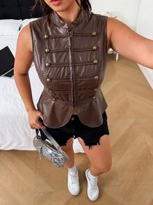 SHEIN EZwear Autumn/Winter Casual Coffee Brown Plus Size Women's Zipper Front PU Leather Vest Jacket - Coffee Brown - View 6