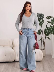 Solflare Plus Size Women's Solid Color Casual Versatile Daily Long Sleeve T-Shirt Fall - Light Grey - View 3