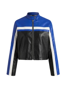Muchica Jaket Kasual Lengan Panjang Berresleting Motif Blok Warna untuk Wanita Ukuran Besar Musim Gugur/Dingin, Musim Gugur - Royal Blue - View 3
