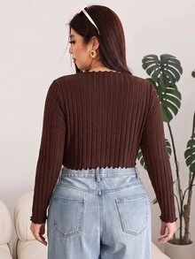 Solflare Plus Size Ribbed Frill Trim Casual T-Shirt, Autumn/Winter Fall - Coffee Brown - View 2