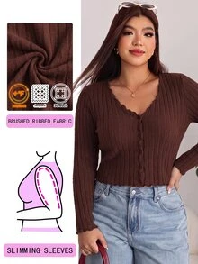 Solflare Plus Size Ribbed Frill Trim Casual T-Shirt, Autumn/Winter Fall - Coffee Brown - View 1