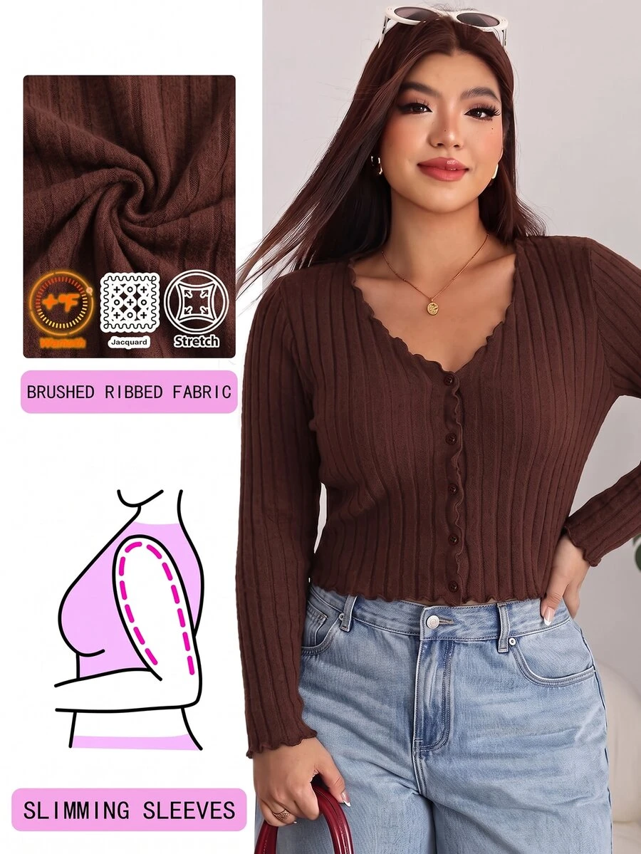 Solflare Plus Size Ribbed Frill Trim Casual T-Shirt, Autumn/Winter Fall - Coffee Brown - View 1