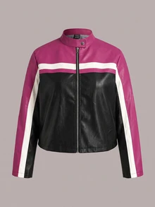 Muchica Autumn/Winter Plus Size Women's Colorblock Long Sleeve Zipper Casual Jacket, Autumn - Hot Pink - View 3