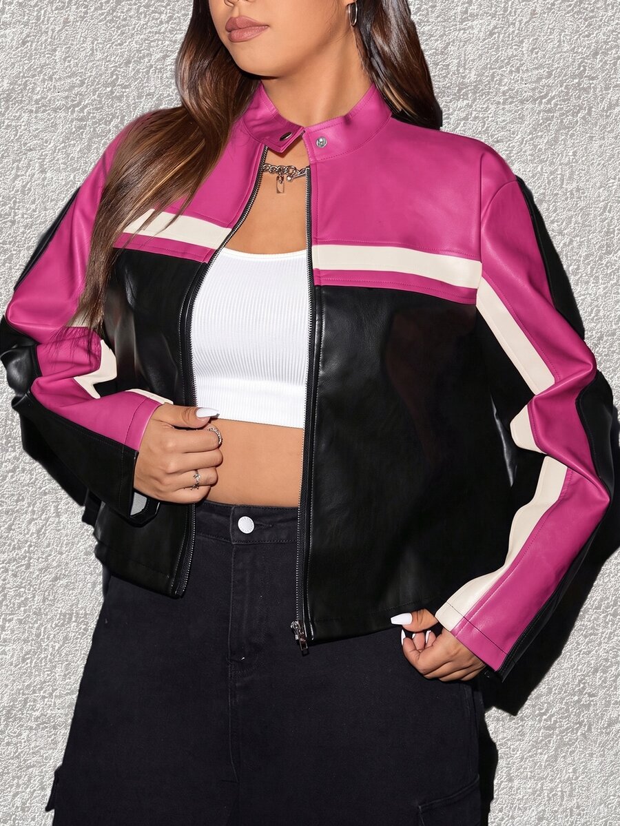 Muchica Autumn/Winter Plus Size Women's Colorblock Long Sleeve Zipper Casual Jacket, Autumn - Hot Pink - View 1